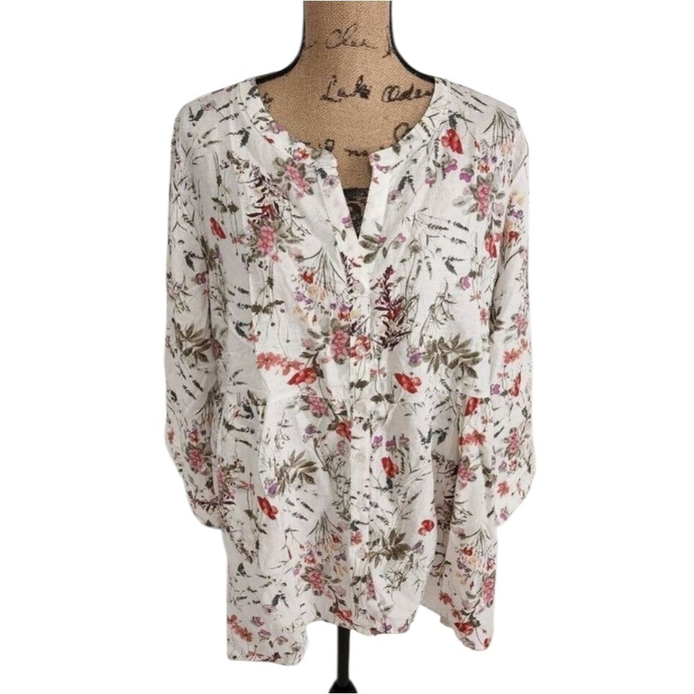 Jones New York 3X Floral Button Up Blouse White Wildflower Empire Waist NEW